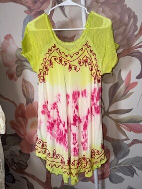 Women's Lime and Pink Tie-Dye Embroidered Short Mini Dress - OS